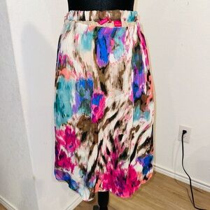 Sunny Leigh Vibrant Floral Pleated Midi Skirt in Pink, Blue, Brown